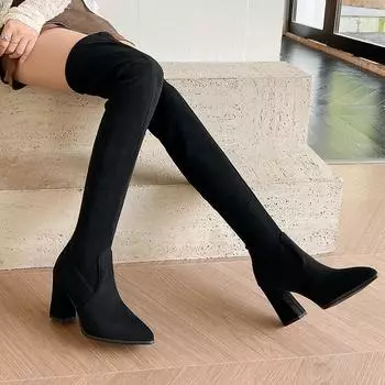 Женские сапоги на высоком каблуке, сексуальные однотонные сапоги в европейском и американском стиле на толстом каблуке большого размера 34 чёрный