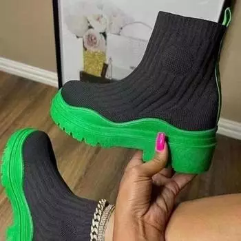 Женские сапоги, носки и ботинки 22 осень новые большие размеры конфетного цвета высокоэластичные дышащие короткие женские ботинки на толстой подошве 36 чёрный