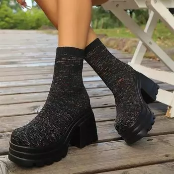 Женские сапоги-носки на высоком каблуке, зимние вязаные туфли на толстой платформе 2024 года, модные прогулочные ботинки «Челси», новые женские сапоги Zapatos 35 чёрный