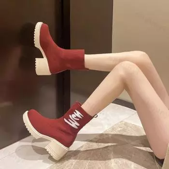 Женские сапоги-носки Женские дизайнерские сапоги до середины голени Легкая износостойкая повседневная обувь для женщин Туфли на платформе Botas 35 чёрный