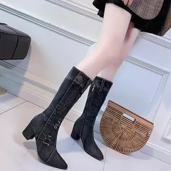 Женские сапоги Новые джинсовые сапоги до колена с толстым каблуком и заостренной боковой молнией Джинсовые короткие сапоги Женская обувь на высоком каблуке 35