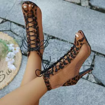 Женские сапоги, новые туфли для показа мод, сетчатая ткань, перекрестные ремешки, сексуальные босоножки на высоком каблуке, женские повседневные сетчатые сапоги с открытым носком и шнуровкой 36 цветной печати леопарда