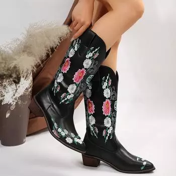 Женские сапоги, новые удобные сапоги до середины голени в стиле ретро, женские вышитые ковбойские сапоги для девушек-ковбоев, модная обувь для женщин с высоким верхом 35 коричневый