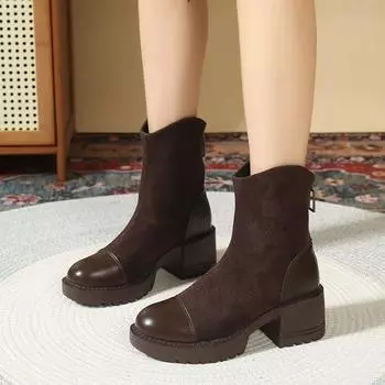 Женские сапоги Новые Весна Осень Сапоги на высоком каблуке Платформа Новые Британские Круглые Носки Противоскользящие Молнии Износостойкие Модные Сапоги 35 чёрный