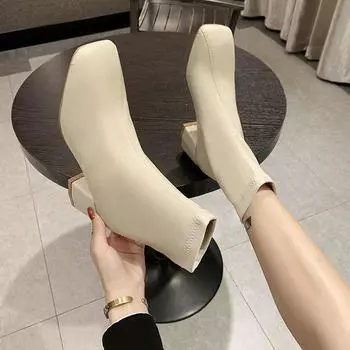 Женские сапоги, новые зимние, квадратный носок, однотонные, из искусственной кожи, модные, ботильоны, женские, на блочном каблуке, для вечеринок на открытом воздухе, высокие сапоги 35 чёрный