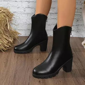 Женские сапоги осень и зима новые модные ретро толстый каблук боковая молния узкие короткие сапоги женские универсальные сапоги телесного цвета обувь женская 35 чёрный