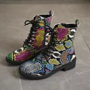 Женские сапоги осень новый принт шнуровка модные короткие сапоги британский стиль водонепроницаемый уличный нескользящий тонкий модные кожаные сапоги 35