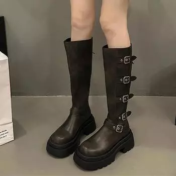 Женские сапоги осень-зима 2024 года, новые модные универсальные узкие сапоги до колена с пряжкой на толстой подошве для мотоциклистов, женские сапоги Zapatos 35 чёрный