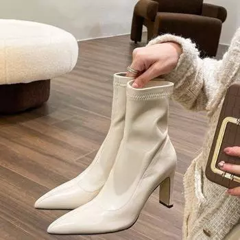 Женские сапоги осень-зима эластичные ботильоны сексуальные остроносые женские туфли Mujer черные эластичные ботильоны на высоком каблуке короткие сапоги 35 коричневый