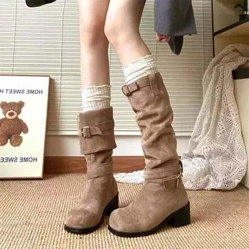 Женские сапоги, осенне-зимняя обувь, женские ковбойские сапоги на толстом каблуке в стиле вестерн, высокие сапоги до колена, модные сапоги цвета хаки в стиле ретро 2024 года 4.5 хаки