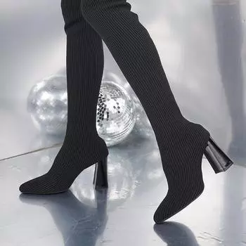 Женские сапоги Осенние эластичные сапоги до колена Женские черные удобные сапоги-трубы до бедра Модные дышащие туфли на каблуках для женщин 35 чёрный