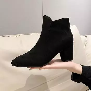 Женские сапоги осенние замшевые ботильоны зимние модные на высоком каблуке толстые женские высокие каблуки черные сапоги короткие сапоги на молнии Botas Mujer 35 чёрный
