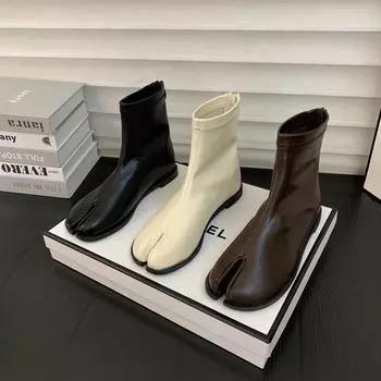 Женские сапоги Осенняя обувь Плоский каблук Молния Сапоги-женщины Роскошные дизайнерские с круглым носком Низкий рок Кожа Резиновая Мода Базовый Ret 35