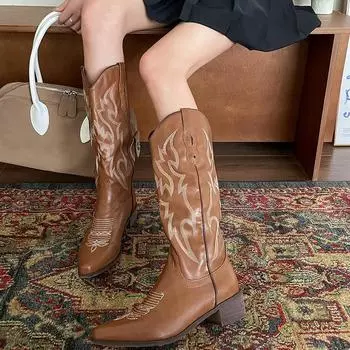 Женские сапоги ретро осень зима белые сапоги до колена женские удобные прогулочные женские ковбойские сапоги в стиле вестерн женская обувь 42 коричневый