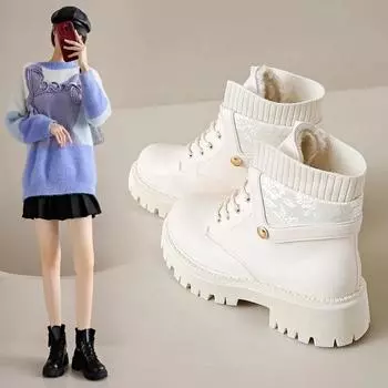 Женские сапоги Рок-обувь Ботинки на шнуровке Круглый носок Зимняя обувь Лолита Осень Большой размер Ботильоны Средний резиновый квадрат 35 бежевый