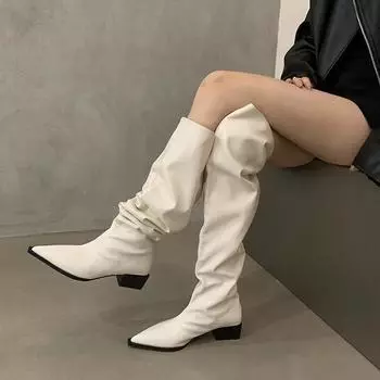 Женские сапоги-рыцари с острым носком, коричневые сапоги из искусственной кожи до колена, женские сапоги в стиле вестерн-ковбой, длинные, Botas Mujer 2024 35 чёрный