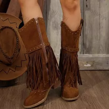 Женские сапоги, рыцарские сапоги 2024, осень/зима, размер плюс 43, кисточки, ретро, новые, с заклепками, пряжкой, молнией, модные, роскошные, с подошвой 35 коричневый