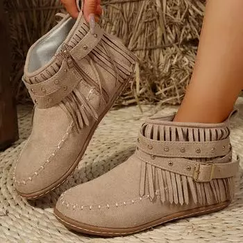 Женские сапоги с круглым носком, модные, удобные, весенние и осенне-зимние, неглубокие замшевые сапоги, неглубокая обувь для отдыха на природе для женщин 36 бежевый