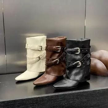 Женские сапоги с круглым носком, пряжкой на поясе и декоративными рукавами, европейские и американские сексуальные сапоги для ночного клуба 35 белый