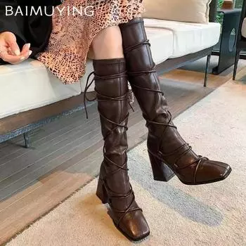 Женские сапоги с квадратным носком, дизайнерские туфли на высоком каблуке, женские туфли, зимние сапоги челси до колена, модный тренд 2024 года, кожаные ботинки Botas De Mujer 35 чёрный