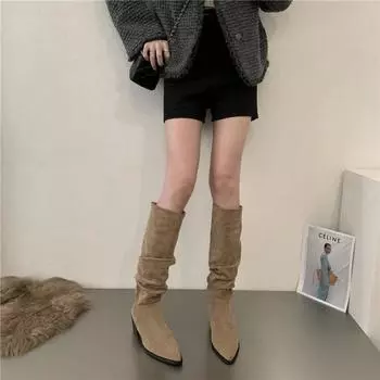 Женские сапоги с острым носком, качественные женские сапоги до колена, плиссированные, эластичные, для женщин, не скользящие, повседневные сапоги Zapatillas De Mujer 35 чёрный