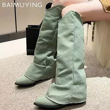 Женские сапоги с острым носком, ковбойские сапоги до колена, массивные каблуки средней высоты, дизайнерские зимние сапоги-челси 2024 года, трендовые гладиаторы Zapatos 35 чёрный