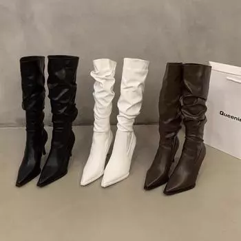 Женские сапоги с острым носком на высоком каблуке, осенний новый тренд, сапоги длиной до колена на шпильке, женские модные длинные сапоги без застежек со складками 35 белый