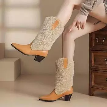 Женские сапоги с острым носком на высоком каблуке и мехом, зимняя обувь до середины голени, новый тренд, короткие плюшевые сапоги «Челси», высокие ботинки на толстой подошве для снега 35