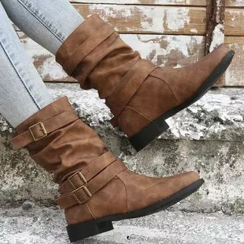 Женские сапоги с пряжкой, ковбойские сапоги, осенне-зимние женские короткие сапоги, толстая подошва, нескользящая обувь для путешествий на открытом воздухе для женщин 36 чёрный