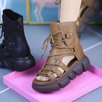 Женские сапоги с толстой подошвой в стиле «рыбий рот» в римском стиле 2024 года, новые мягкие кожаные ботинки в стиле ретро с дышащим верхом, сандалии на платформе 35 чёрный