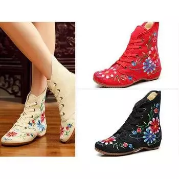 Женские сапоги с вышивкой. Теплые ботинки с цветочным принтом. Короткие ботинки на танкетке внутри. 34 бежевый