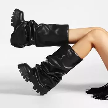 Женские сапоги-сапоги с завышенной талией, модные плиссированные сапоги на толстом каблуке с круглым носком и платформой, с застежкой-молнией, до колена 7