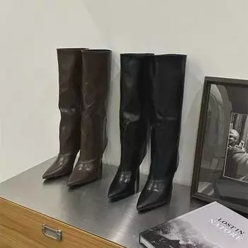 Женские сапоги-шпильки из мягкой кожи с острым носком и высоким каблуком, осень/зима 2024 г. 37 коричневый