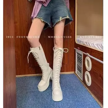Женские сапоги Spice Girl Fried Street Boots на платформе, высокие рыцарские сапоги 2025 года, осень и зима, новые осенне-зимние сапоги на каблуке с универсальным темпераментом 35