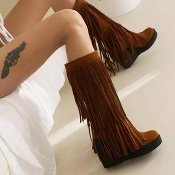 Женские сапоги Tassel Winter New Bohemian Flocking Monica Design Сапоги до середины голени Теплые сапоги на молнии на платформе с подкладкой из плюша Высокие сапоги до колена 35 чёрный