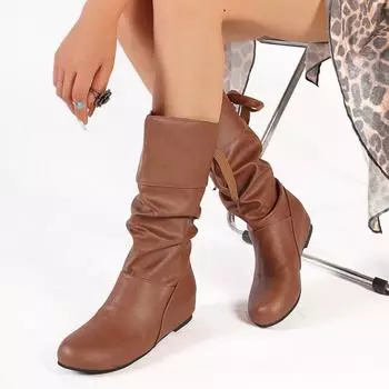 Женские сапоги Весна Осень Сапоги до середины икры Женские ковбойские сапоги в стиле вестерн Большие размеры Модная плоская обувь для отдыха на открытом воздухе Женские сапоги Botas De Mujer 35 чёрный