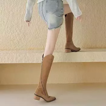 Женские сапоги Винтажные рыцарские сапоги Осень/Зима Новые пригородные сапоги До колена С высоким каблуком-молнией Нескользящие стильные ковбойские сапоги 35