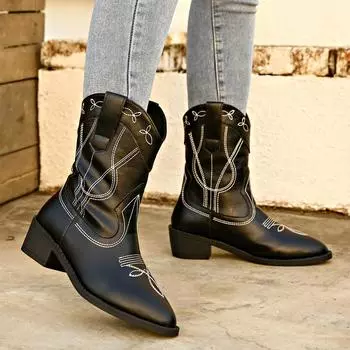 Женские сапоги Высококачественные женские сапоги Зимние остроносые вышитые однотонные замшевые винтажные женские туфли Дизайнерские ковбойские сапоги 39