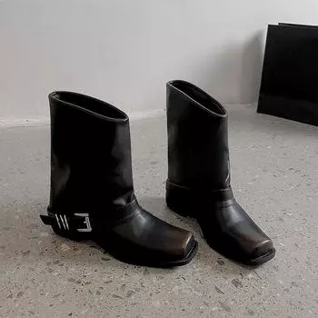 Женские сапоги в стиле ковбой, модные туфли с квадратным носком и пряжкой на ремне, осень-зима, толстый каблук, женские короткие сапоги в стиле рыцаря 35 чёрный