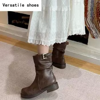 Женские сапоги в стиле ковбой на низком каблуке, модные туфли с пряжкой на ремне в стиле ретро, осень-зима, женские короткие сапоги в стиле рыцаря 35