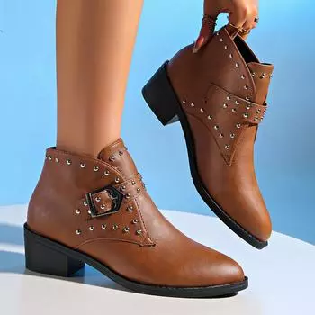 Женские сапоги в стиле ретро с заклепками и острым носком, женские модные ботильоны с пряжкой на толстом каблуке, ковбойские туфли из искусственной замши больших размеров 36 чёрный