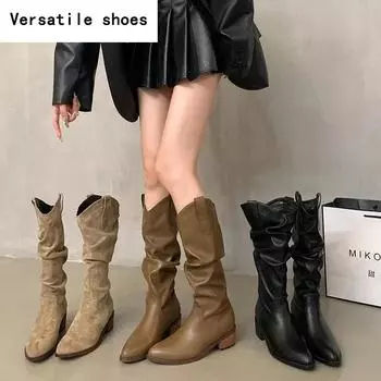 Женские сапоги в стиле ретро в ковбойском стиле, модные туфли без застежек, осень-зима, на низком квадратном каблуке, женские длинные сапоги в рыцарском стиле 35