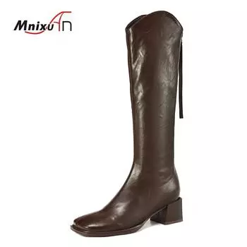 Женские сапоги в стиле ретро, высокие сапоги до колена, модные рыцарские сапоги с застежкой-молнией сзади, квадратные каблуки, осенне-зимняя женская обувь, большие размеры 34-43 35