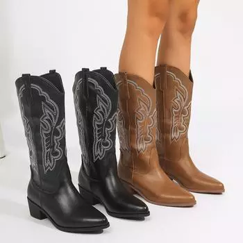 Женские сапоги в стиле вестерн, модные ковбойские сапоги на толстом каблуке, женские элегантные туфли в винтажном стиле для ковбойши на высоком каблуке 34 коричневый