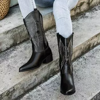Женские сапоги в стиле вестерн, модные осенне-зимние ковбойские сапоги на толстом каблуке, женские ковбойские сапоги в винтажном стиле, кантри, обувь для девушек-ковбоев в стиле вестерн 36 чёрный