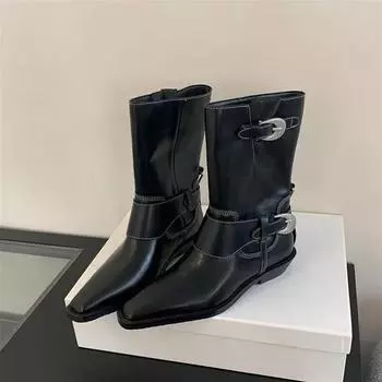 Женские сапоги в стиле вестерн, модные туфли с пряжкой на ремне в стиле ретро, осень-зима, женские рыцарские сапоги до середины голени 35