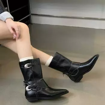 Женские сапоги в стиле вестерн, модные туфли с пряжкой на ремне в стиле ретро, осень-зима, женские рыцарские сапоги до середины голени 35 чёрный