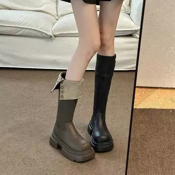 Женские сапоги в стиле вестерн на толстой подошве 2025 года, новые осенне-зимние бархатные высокие рыцарские сапоги в стиле ретро, но до колена 35 чёрный