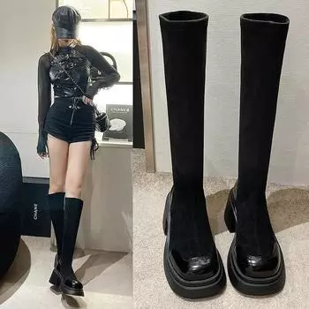 Женские сапоги выше колена 2024 года, модные женские сапоги на платформе, женские носки, женские длинные сапоги на квадратном каблуке 35 чёрный