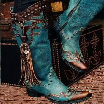 Женские сапоги выше колена из искусственной кожи в стиле ретро, ботильоны на среднем каблуке с заклепками и кисточками 35